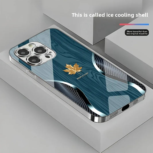 Luxury Wood Grain iPhone Case – Tempered Glass Gold Leaf Design