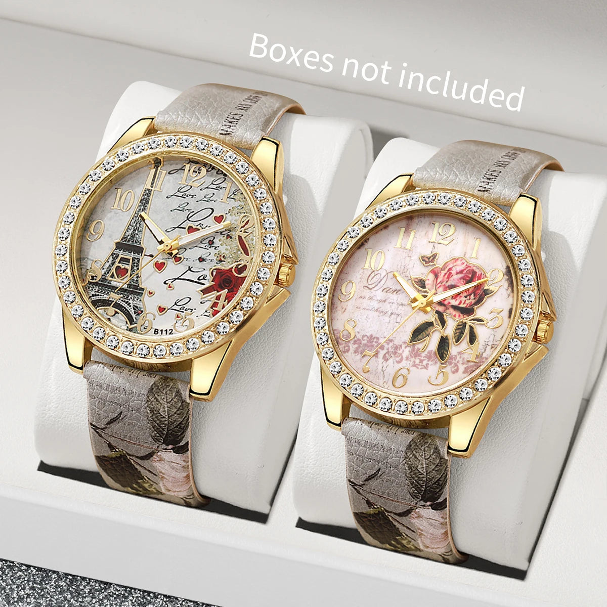 RHINESTONE FLOWER PRINT LUXURY WATCH SET