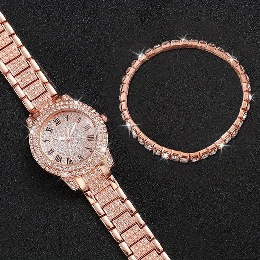Luxury Diamond Roman Quartz Watch Set – Women Alloy Bracelet Gift Combo