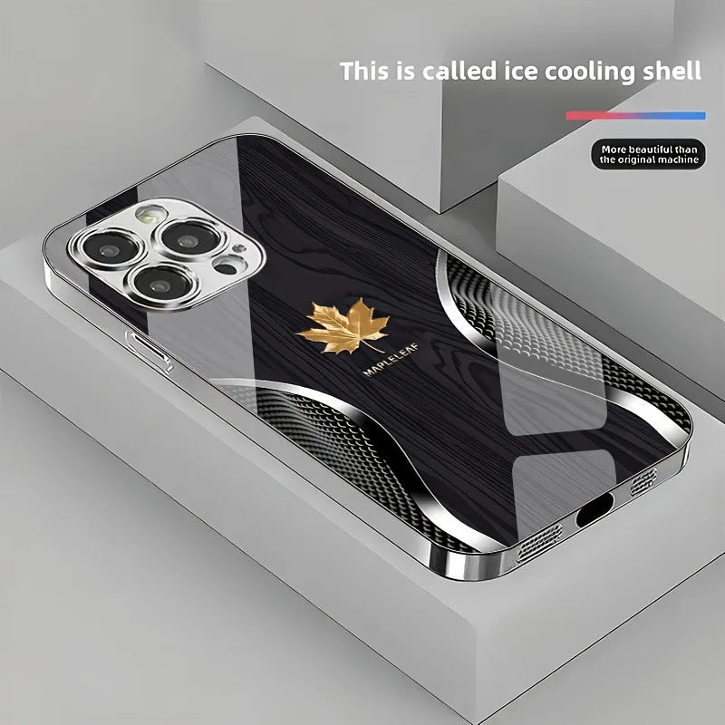 Luxury Wood Grain iPhone Case β Tempered Glass Gold Leaf Design