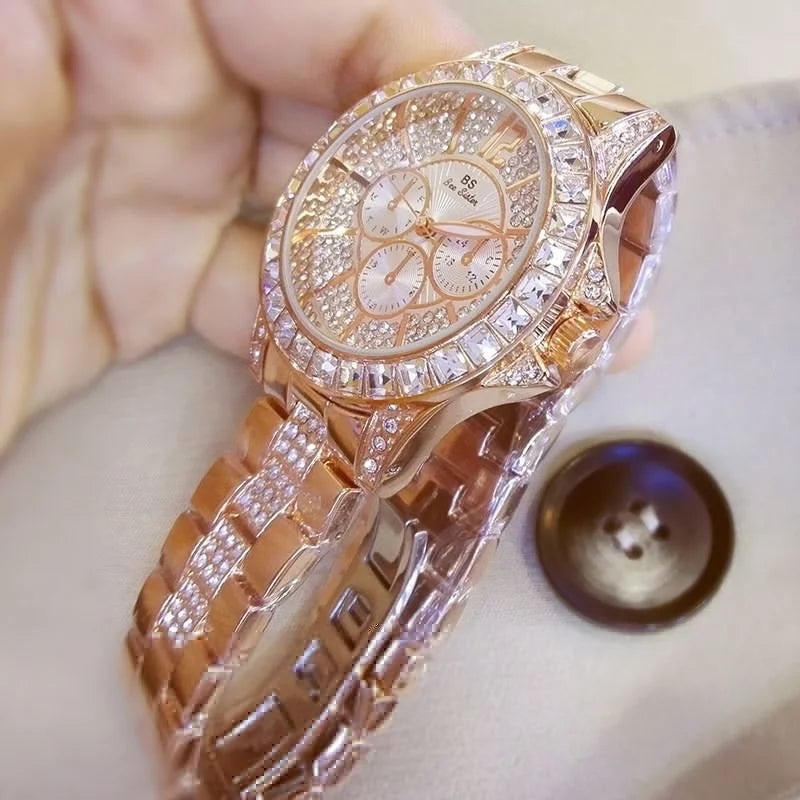 Top Brand Style Women Watch – Crystal Diamond Look Quartz Rose Gold Watch