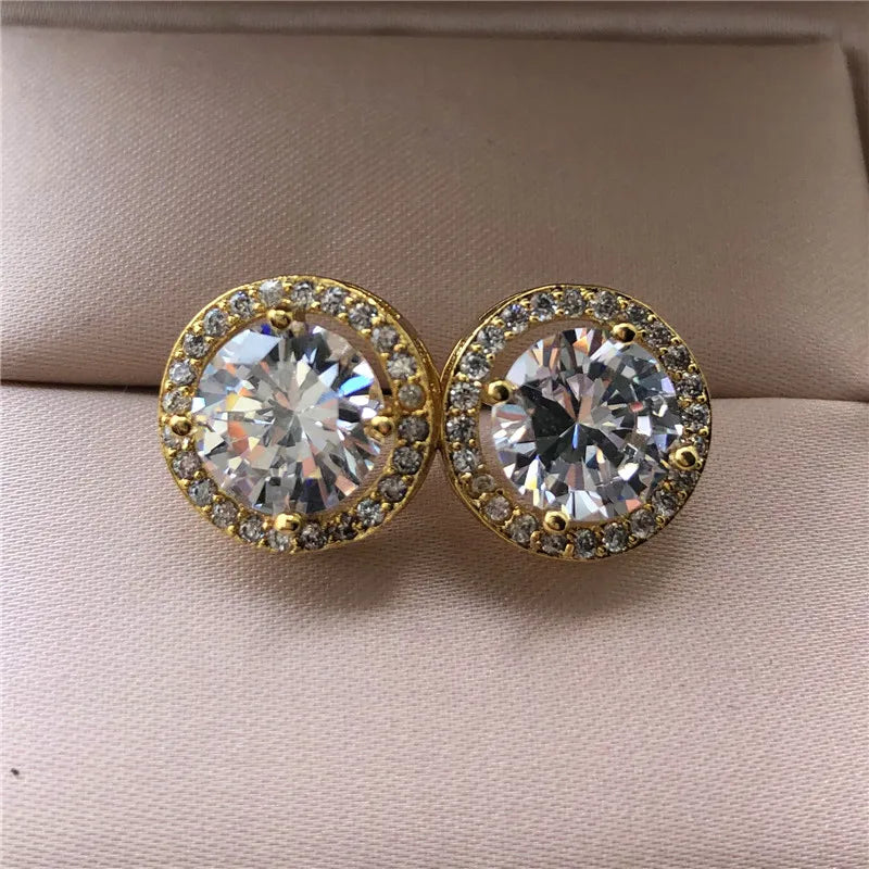 Luxury Crystal Round Stud Earrings – Elegant White Zircon Wedding Jewelry for Women