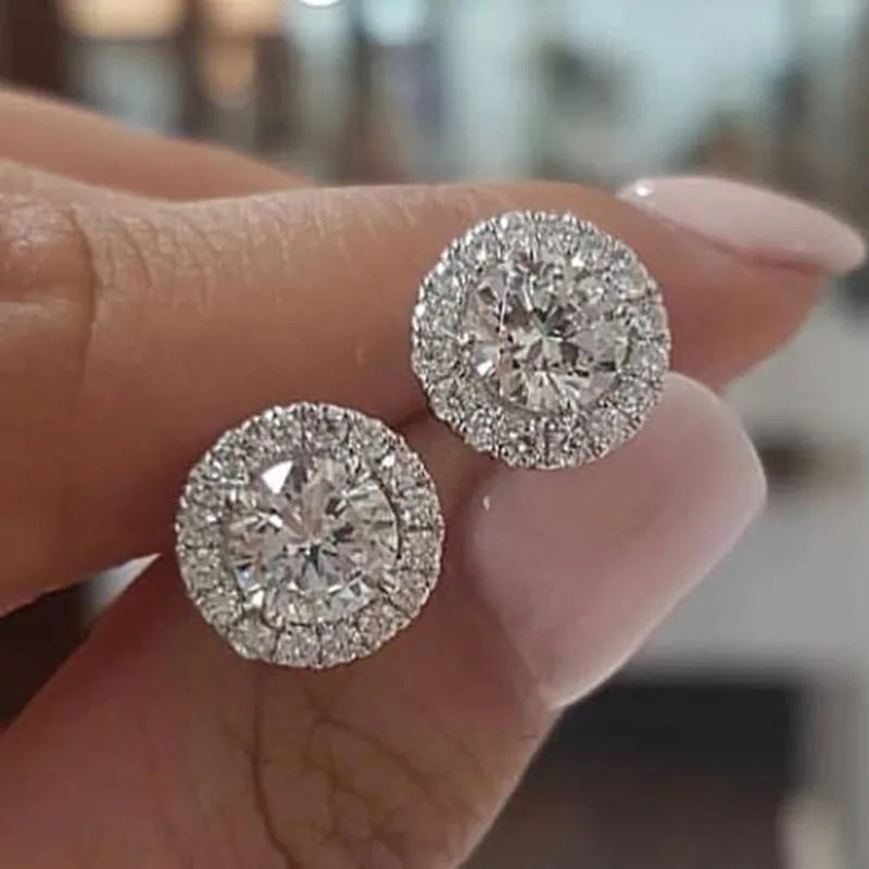 Luxury Crystal Round Stud Earrings – Elegant White Zircon Wedding Jewelry for Women