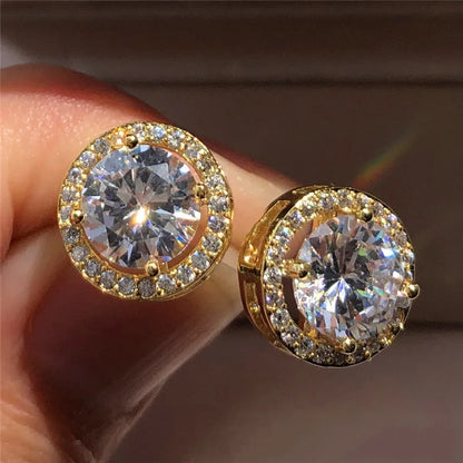 Luxury Crystal Round Stud Earrings – Elegant White Zircon Wedding Jewelry for Women