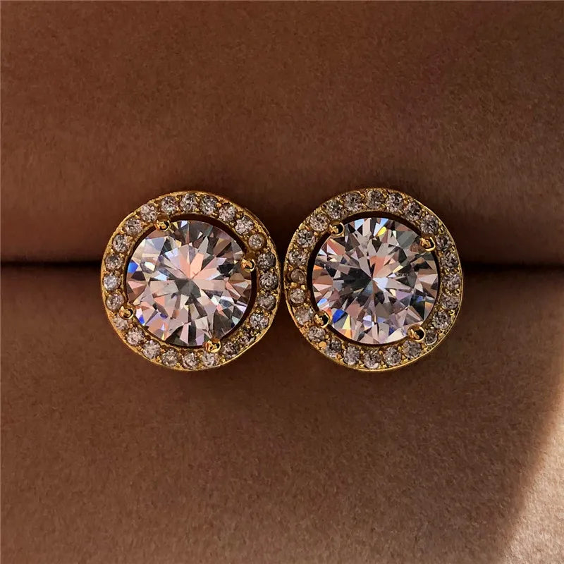 Luxury Crystal Round Stud Earrings – Elegant White Zircon Wedding Jewelry for Women