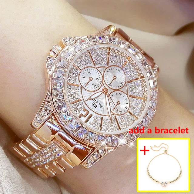 Top Brand Style Women Watch – Crystal Diamond Look Quartz Rose Gold Watch
