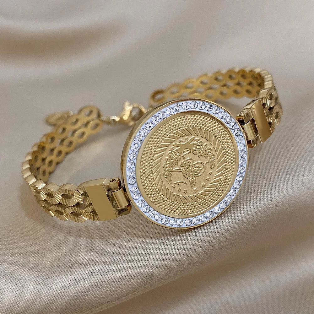 18K Gold Plated Portrait Coin Cuff Bracelet – Stainless Steel Wide Bangle