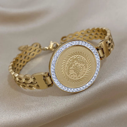 18K Gold Plated Portrait Coin Cuff Bracelet – Stainless Steel Wide Bangle
