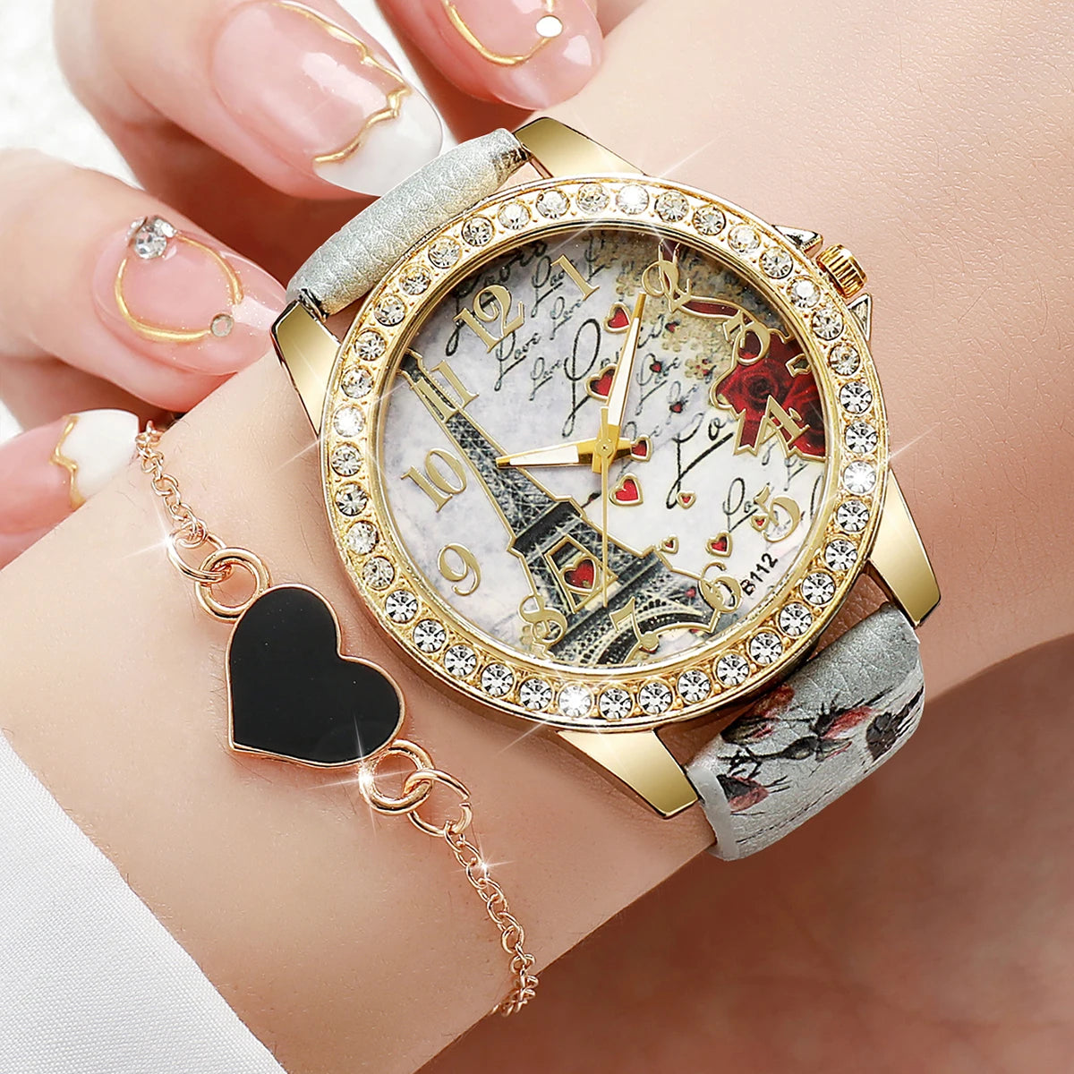 RHINESTONE FLOWER PRINT LUXURY WATCH SET