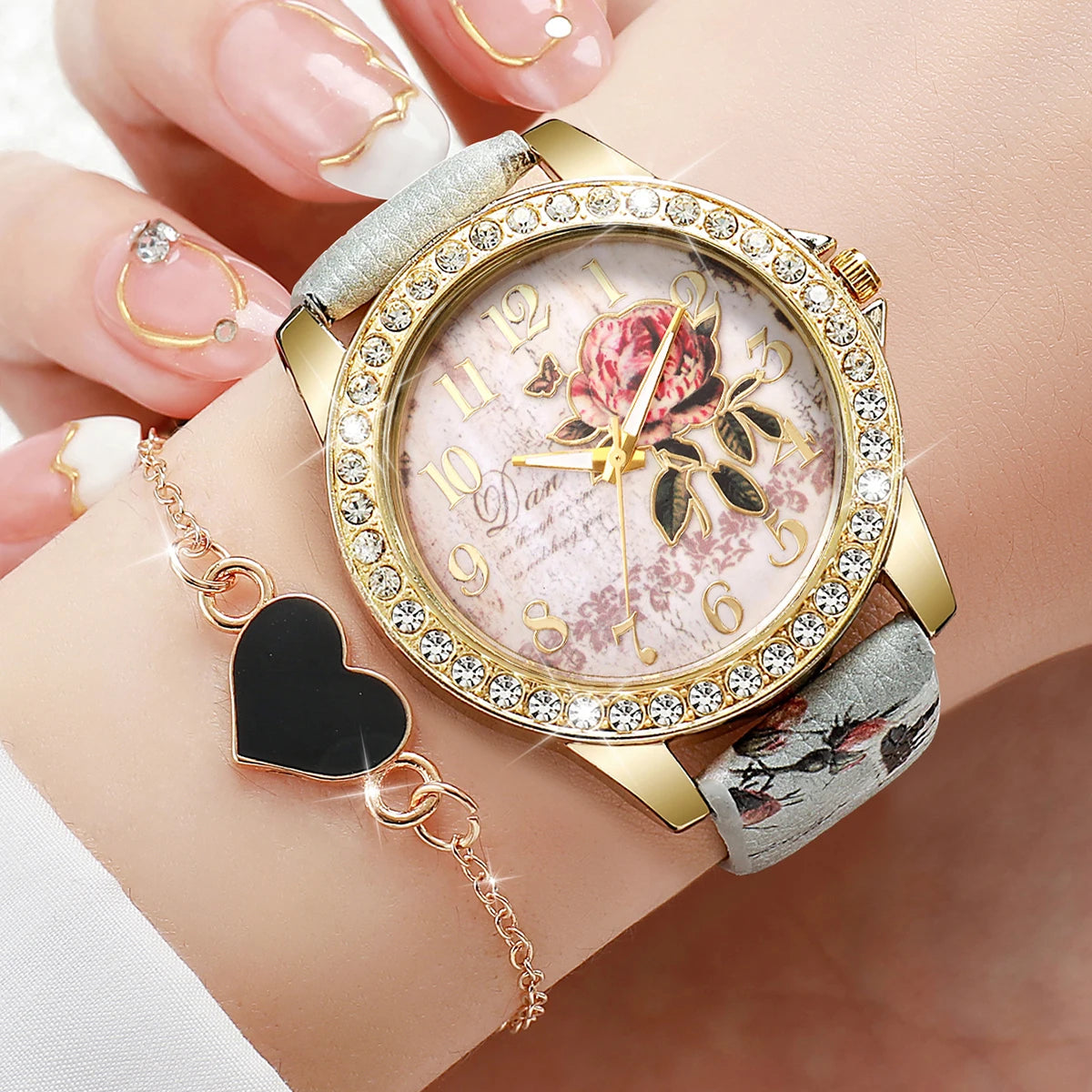 RHINESTONE FLOWER PRINT LUXURY WATCH SET