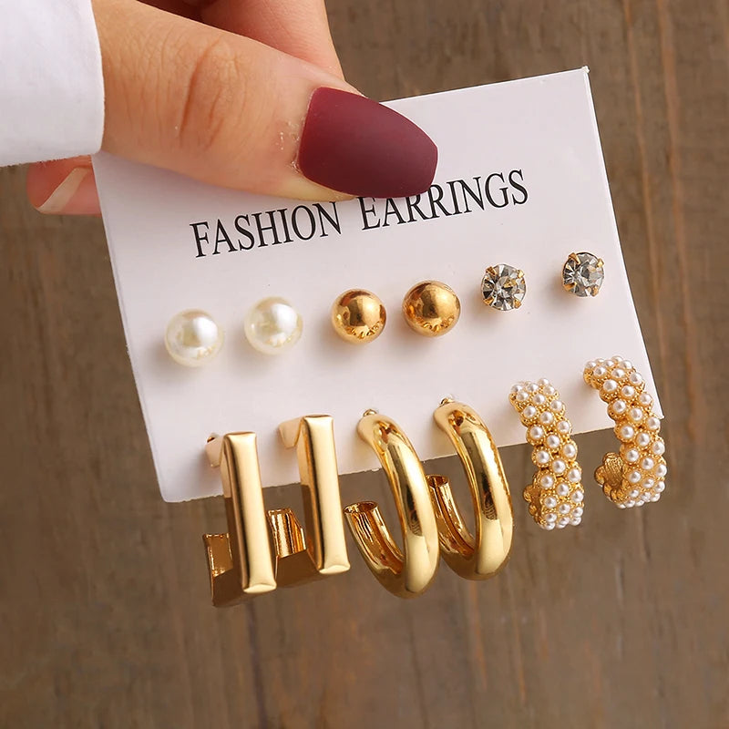 Square & Round Pearl Drop Earrings – Vintage Gold Fashion Jewelry Set