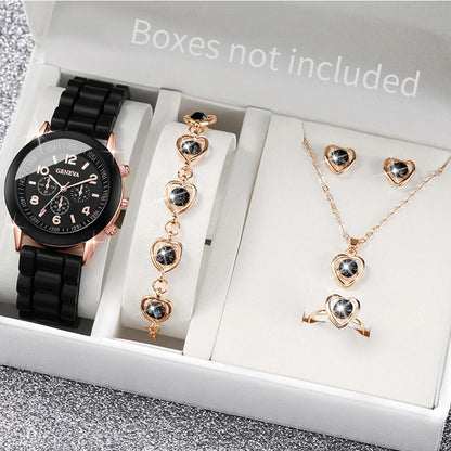 Women’s Fashion Quartz Watch Set – Silicone Strap Jewelry Gift Collection