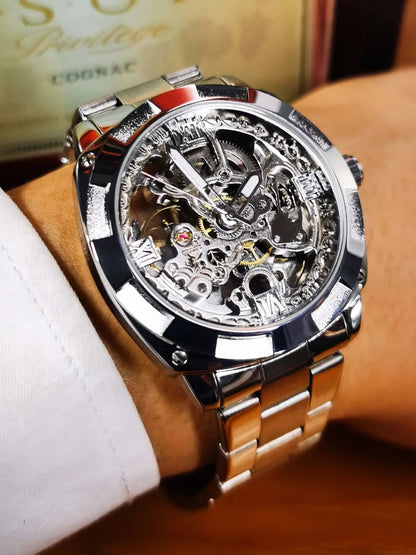 Luxury Retro Skeleton Square Watch – Automatic Movement Steel Band Men’s Watch