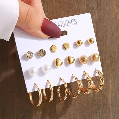Square & Round Pearl Drop Earrings – Vintage Gold Fashion Jewelry Set