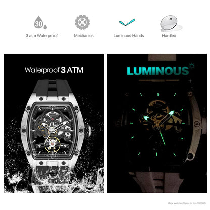 Automatic Sport Mechanical Watch – Tonneau Dial Silicone Strap