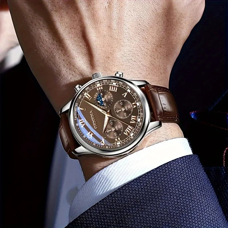 Modern Classic Men Watch – Roman Numeral Leather Strap Quartz Watch