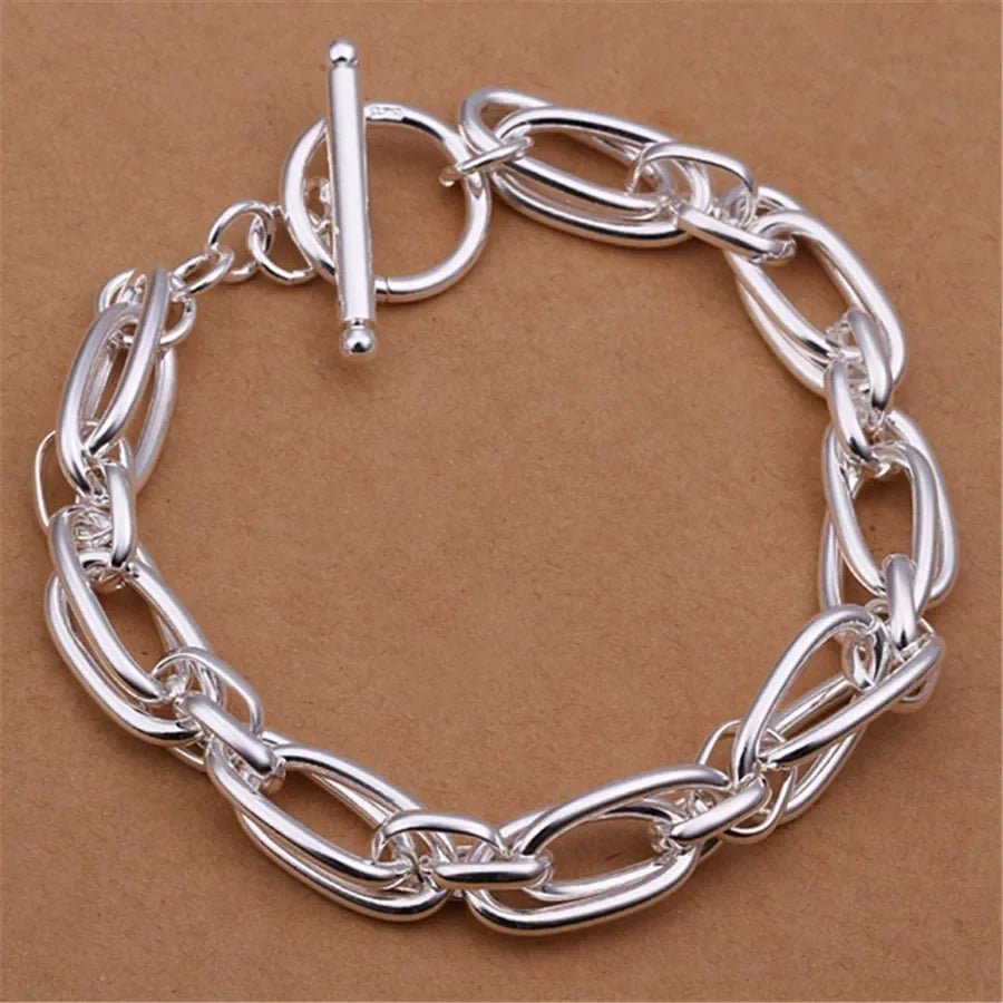 Elegant 925 Sterling Silver Charm Bracelet with Polished Geometric Design