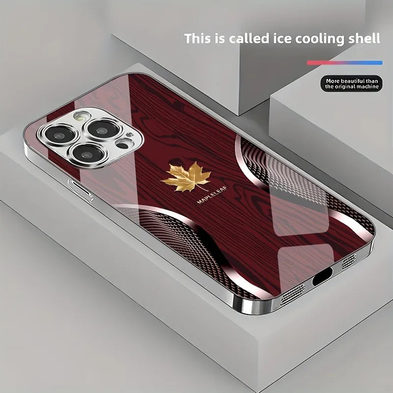 Luxury Wood Grain iPhone Case – Tempered Glass Gold Leaf Design