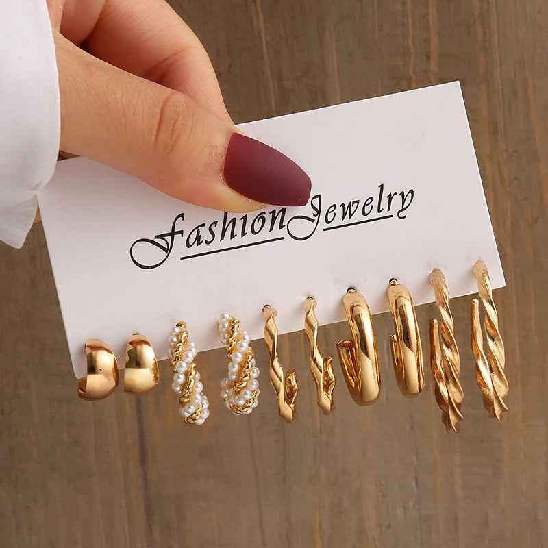 Square & Round Pearl Drop Earrings – Vintage Gold Fashion Jewelry Set