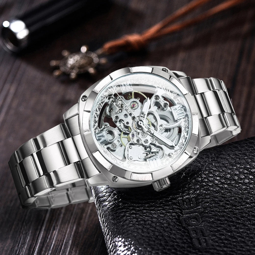 Luxury Retro Skeleton Square Watch – Automatic Movement Steel Band Men’s Watch
