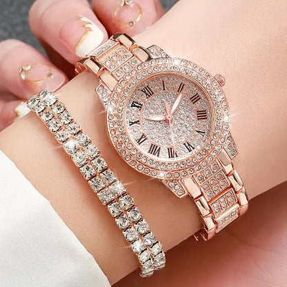 Luxury Diamond Roman Quartz Watch Set – Women Alloy Bracelet Gift Combo