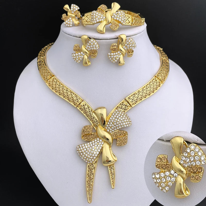 Premium Bow Jewelry Set – Elegant 4-Piece Gold-Tone Accessories for Women