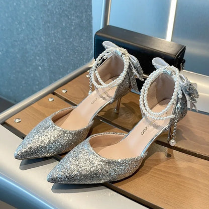 ELEGANT TEMPERAMENT SEQUIN BOW HIGH HEELS