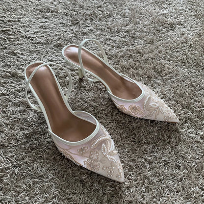 ELEGANT MESH EMBROIDERED SUMMER SLINGBACK HEELS