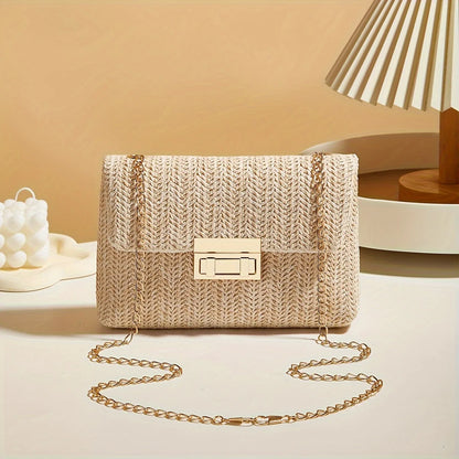 Handwoven Straw Shoulder Bag – Lock Closure Summer Crossbody Purse