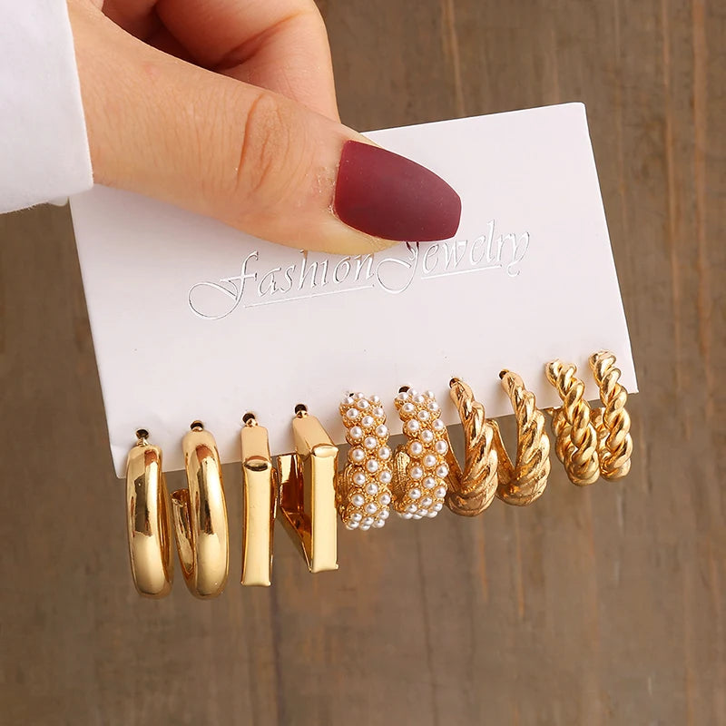 Square & Round Pearl Drop Earrings – Vintage Gold Fashion Jewelry Set