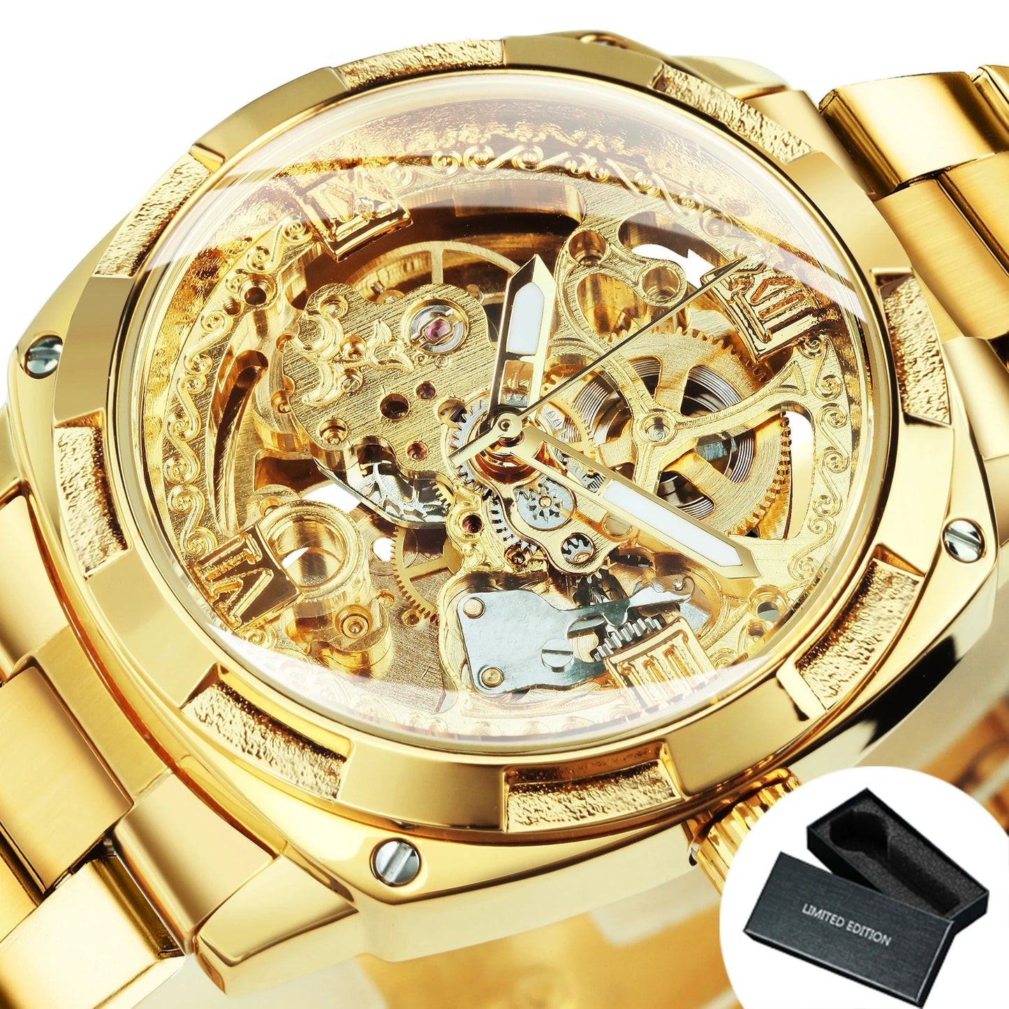Luxury Retro Skeleton Square Watch – Automatic Movement Steel Band Men’s Watch