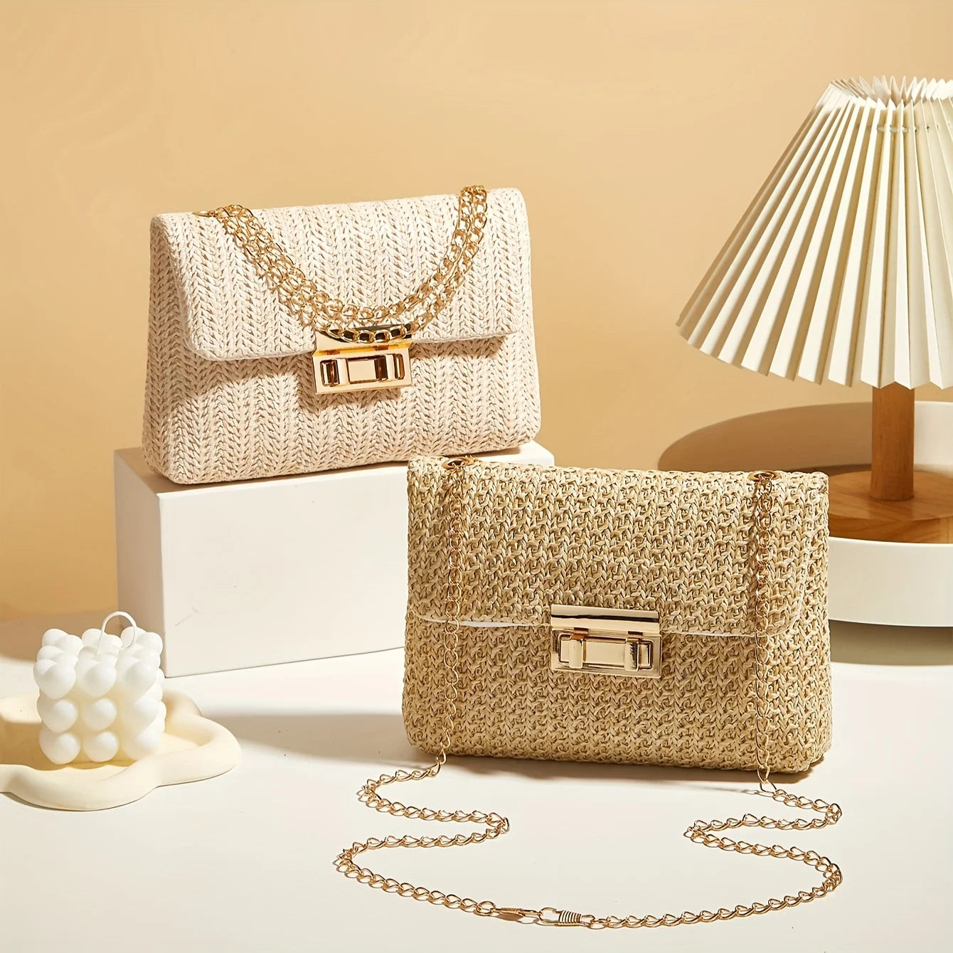 Handwoven Straw Shoulder Bag – Lock Closure Summer Crossbody Purse