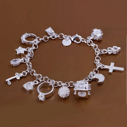 Elegant 925 Sterling Silver Charm Bracelet with Polished Geometric Design