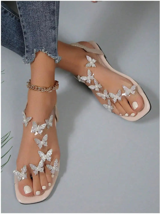 Sparkling Butterfly Clear Strap Flat Sandals for Elegant Summer Looks