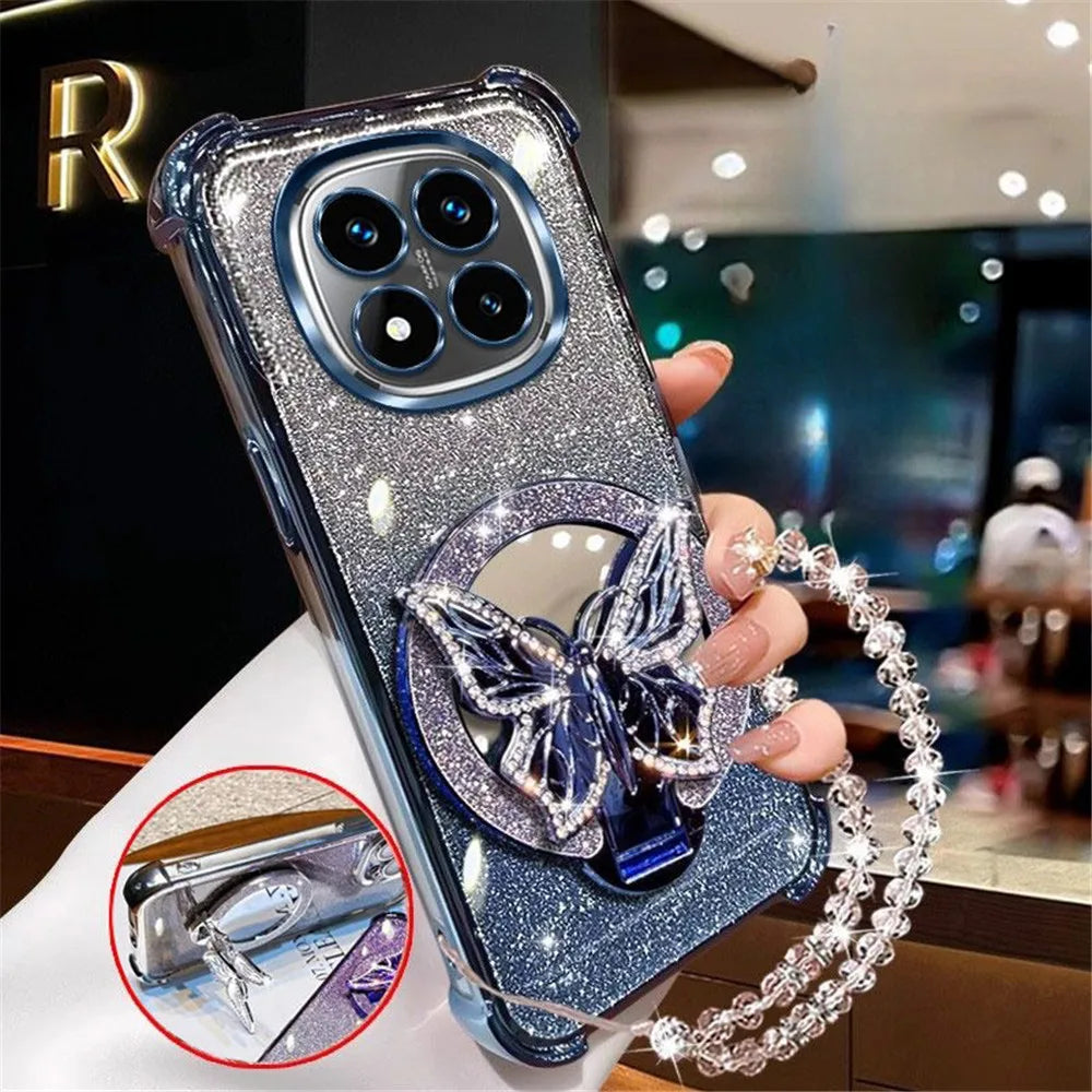 Glam Mirror Phone Case – Sparkle Butterfly Cover with Wrist Strap & Stand