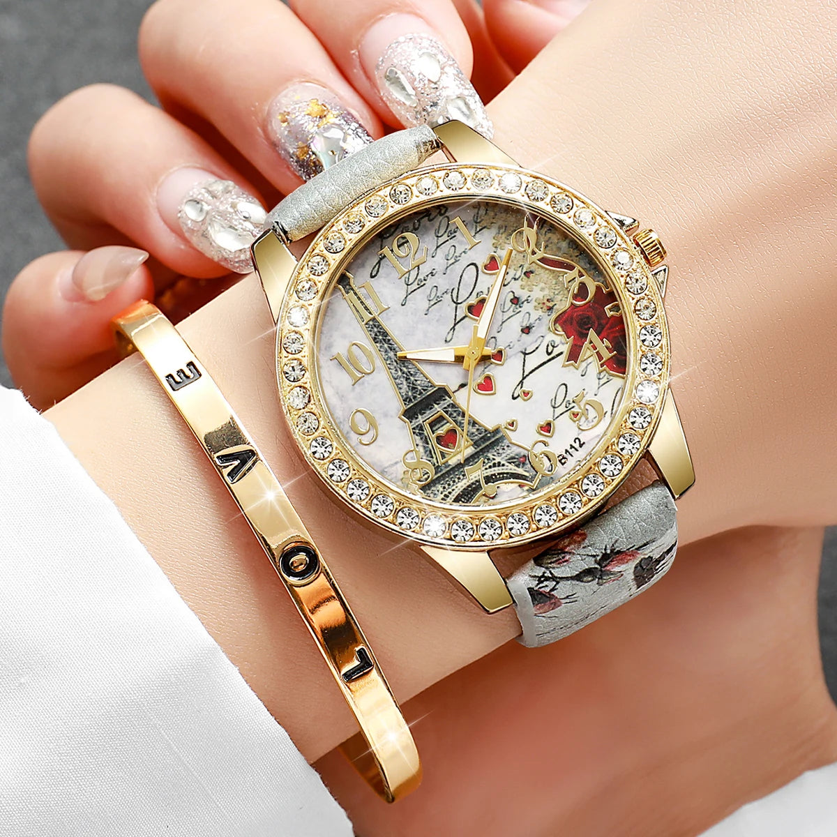 RHINESTONE FLOWER PRINT LUXURY WATCH SET