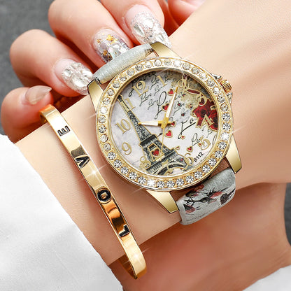 RHINESTONE FLOWER PRINT LUXURY WATCH SET