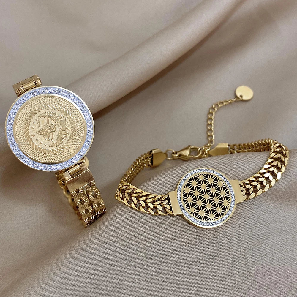 18K Gold Plated Portrait Coin Cuff Bracelet – Stainless Steel Wide Bangle