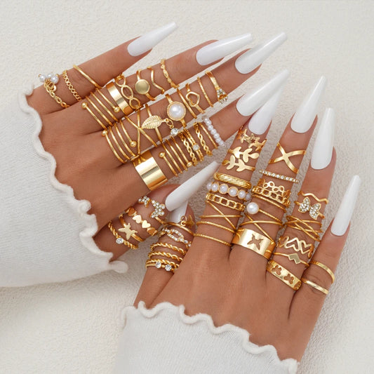 Gold Tone Elegant Vintage Ring Collection with Artistic Hollow Geometric Designs