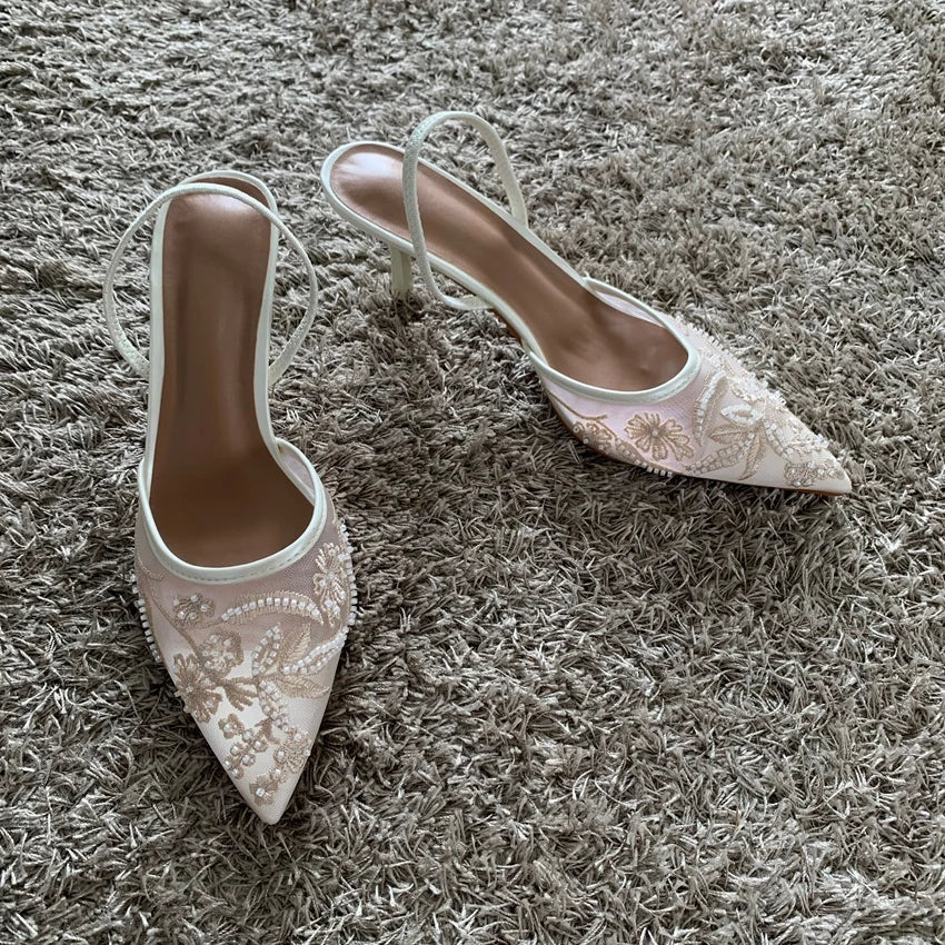 ELEGANT MESH EMBROIDERED SUMMER SLINGBACK HEELS