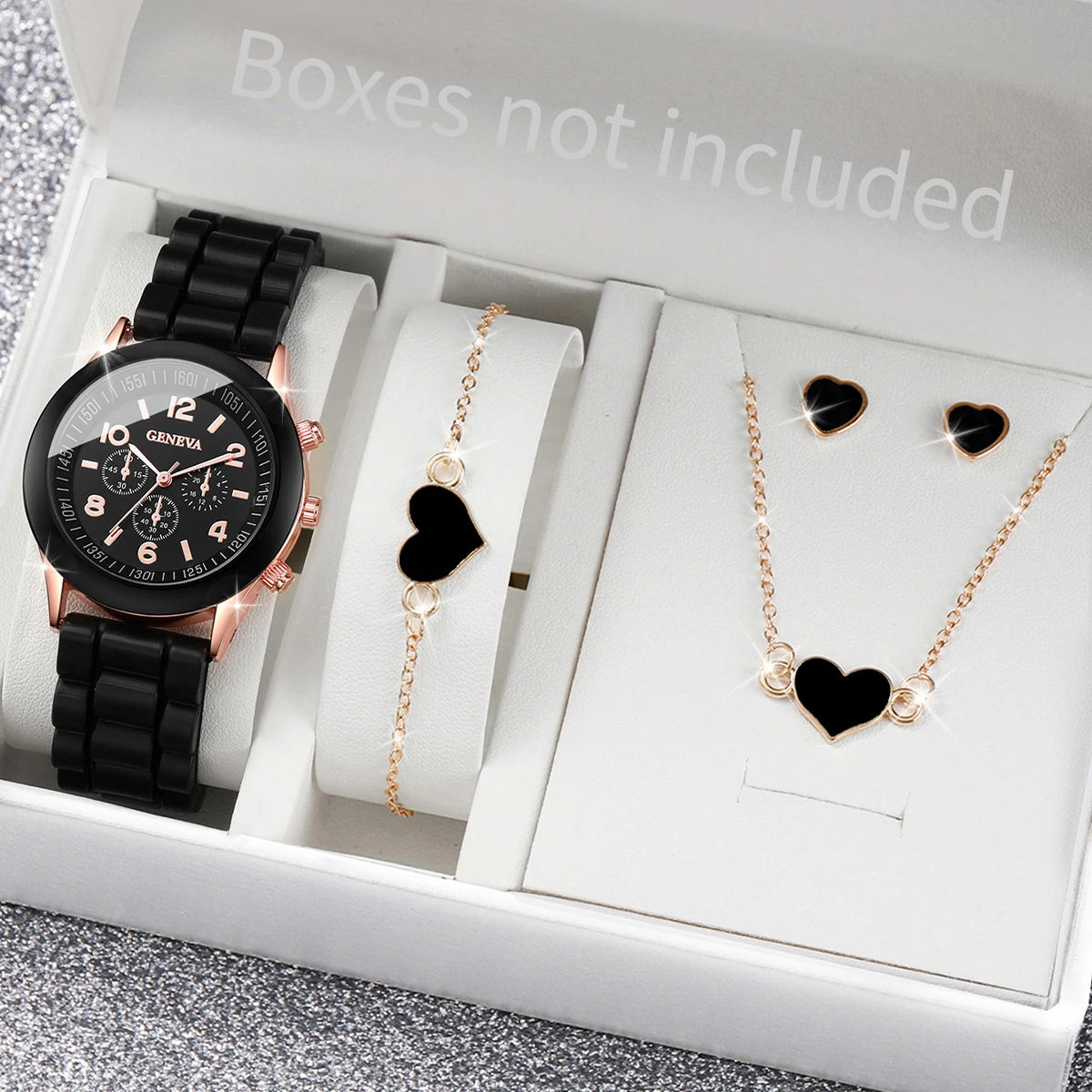 Women’s Fashion Quartz Watch Set – Silicone Strap Jewelry Gift Collection