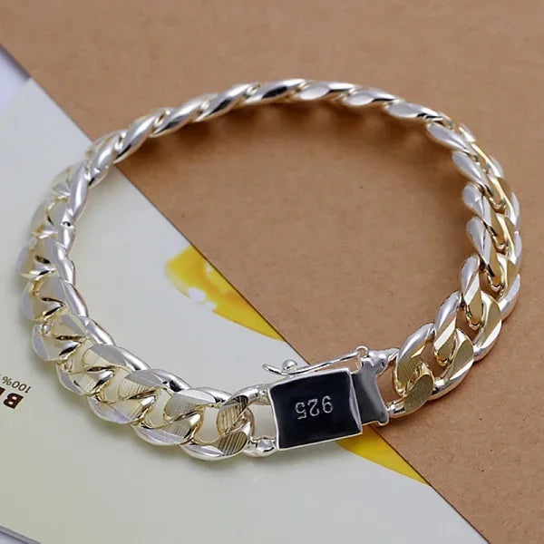Elegant 925 Sterling Silver Charm Bracelet with Polished Geometric Design