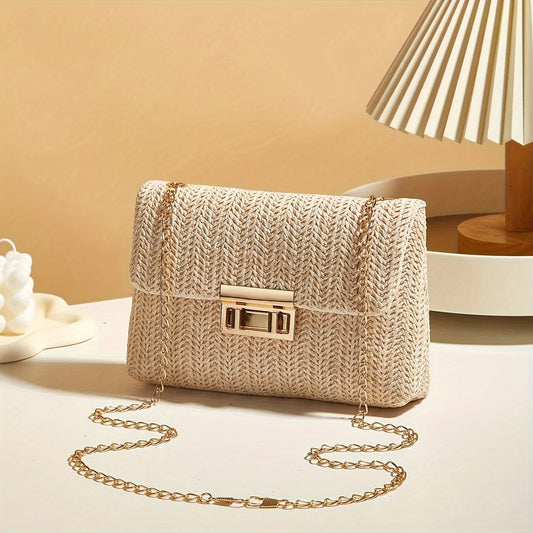 Handwoven Straw Shoulder Bag – Lock Closure Summer Crossbody Purse