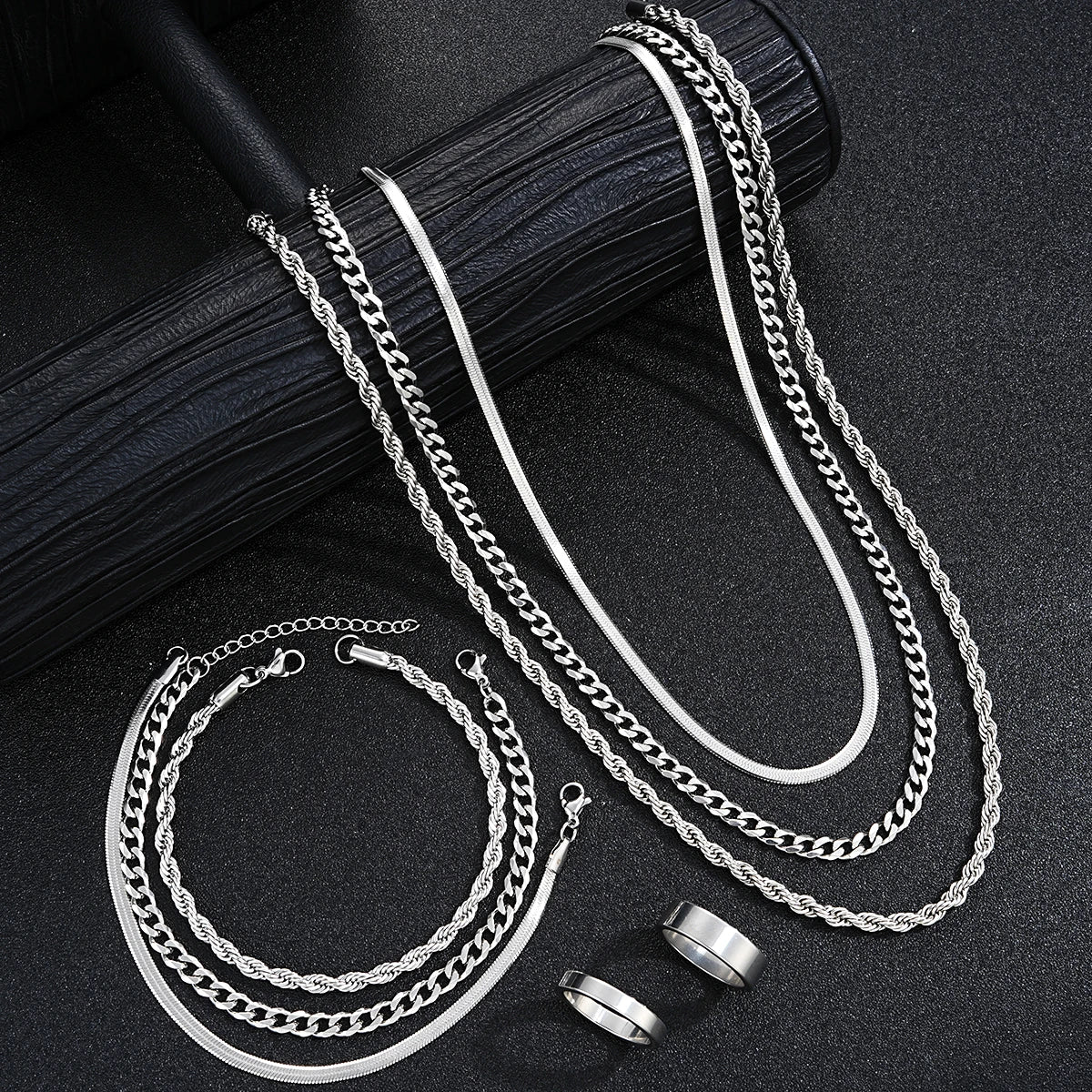 Vintage Punk Jewelry Set – Stainless Steel Ring Necklace Bracelet