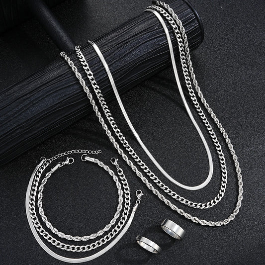 Vintage Punk Jewelry Set – Stainless Steel Ring Necklace Bracelet