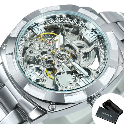 Luxury Retro Skeleton Square Watch – Automatic Movement Steel Band Men’s Watch