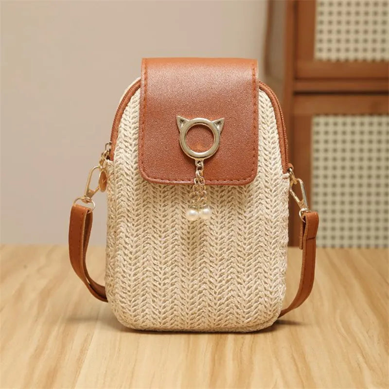 Handwoven Straw Shoulder Bag – Lock Closure Summer Crossbody Purse