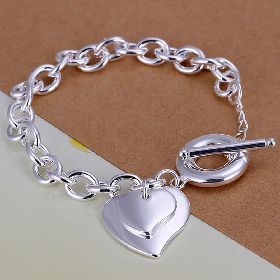 Elegant 925 Sterling Silver Charm Bracelet with Polished Geometric Design