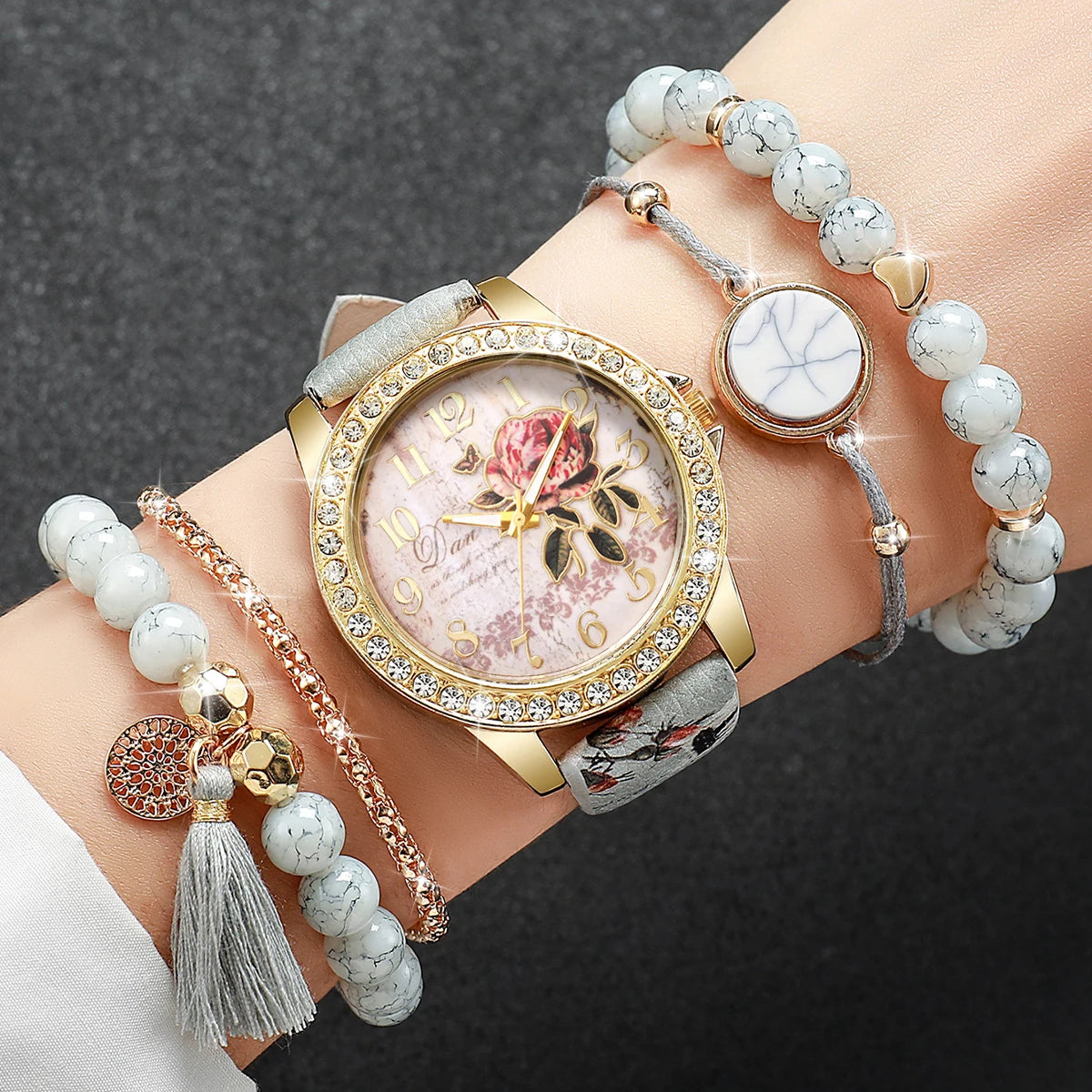 RHINESTONE FLOWER PRINT LUXURY WATCH SET