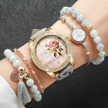 RHINESTONE FLOWER PRINT LUXURY WATCH SET